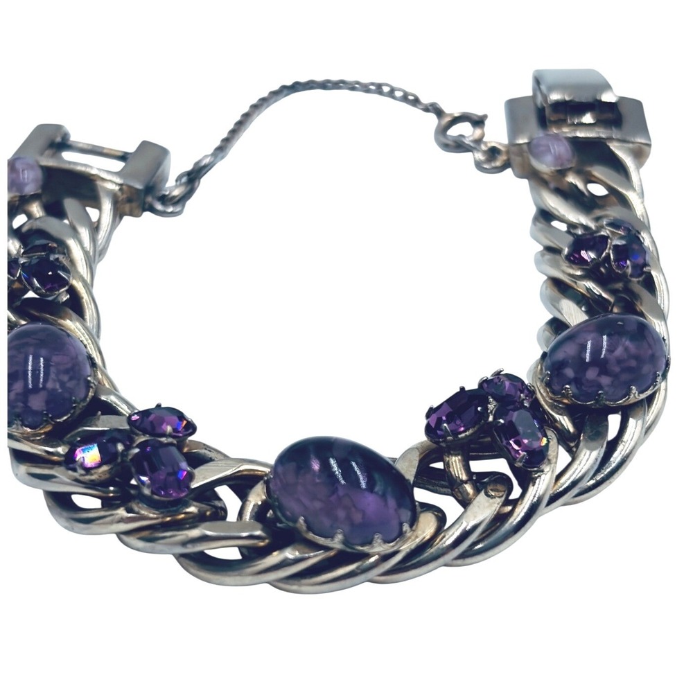 Vintage Kafin New York Purple Cabochon Rhinestone Chunky Curb Chain Bracelet 6in